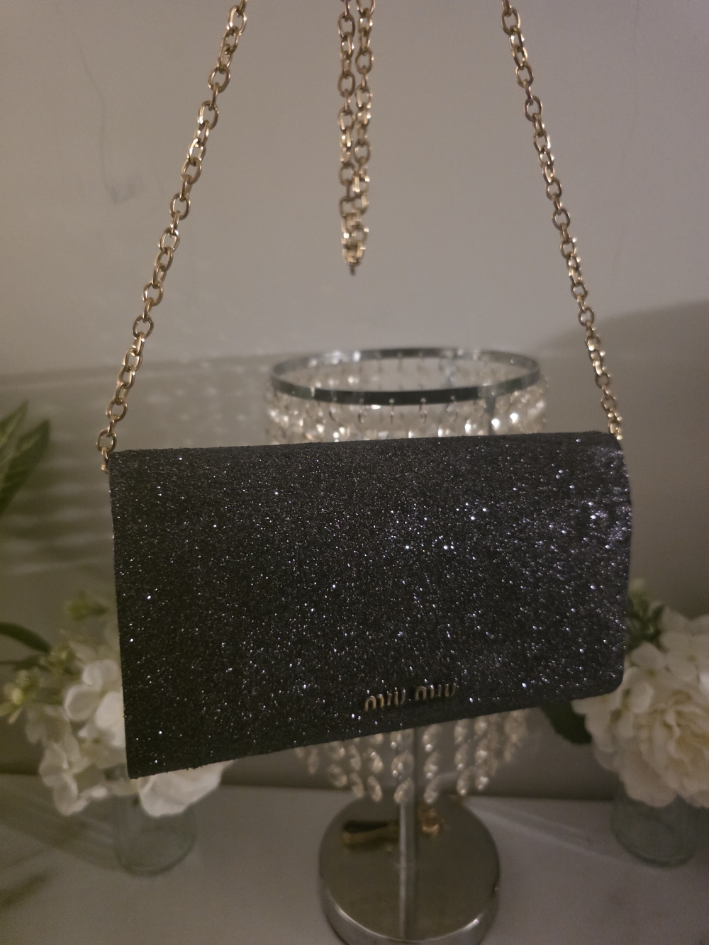 Miu Miu Black Glitter Chain Shoulder Bag / Wallet